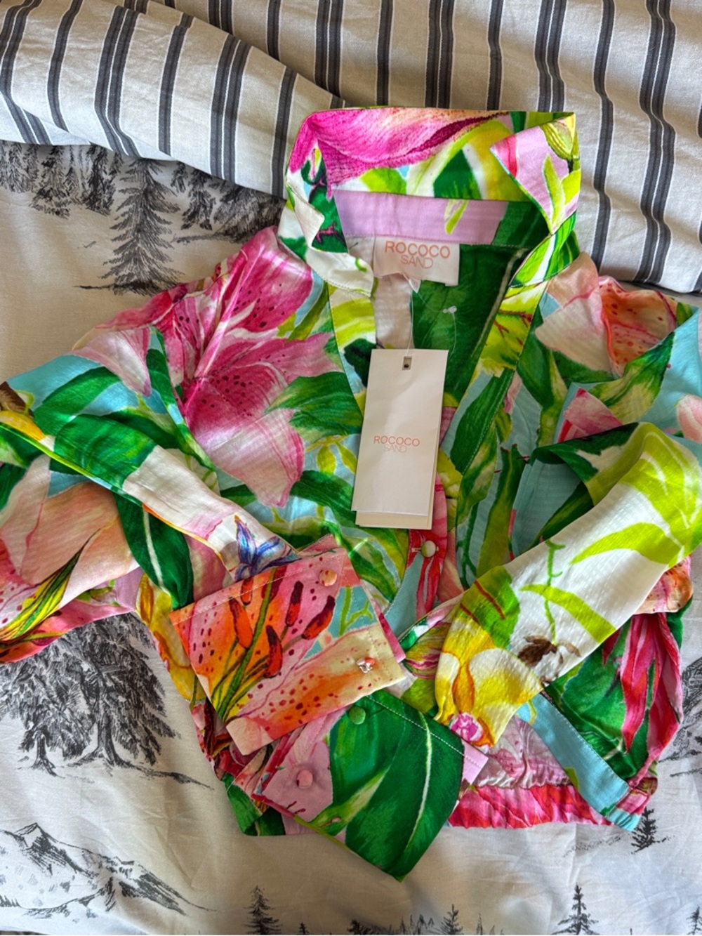 Rococo Sand Tropical Floral Button-Up Blouse in Pink, Green, Yellow